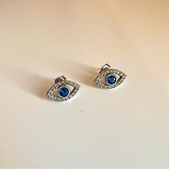 Solid 925 Silver Created Sapphire and Swarovski Crystals Evil Eye Studs - Picture 2 of 5
